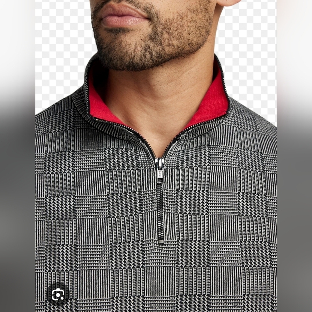 Paul Fredrick Black and Gray Checkered Quarter Zip Mock Neck Sweater - Picture 3 of 9
